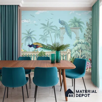 Eclectic dining room with peacock chinoiserie wallpaper, teal upholstery, and wooden dining table in Bengaluru
