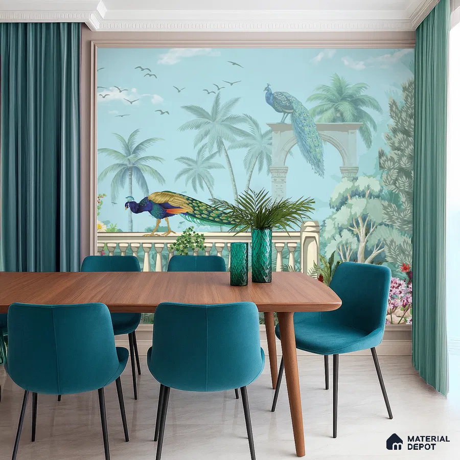 Eclectic dining room with peacock chinoiserie wallpaper, teal upholstery, and wooden dining table in Bengaluru
