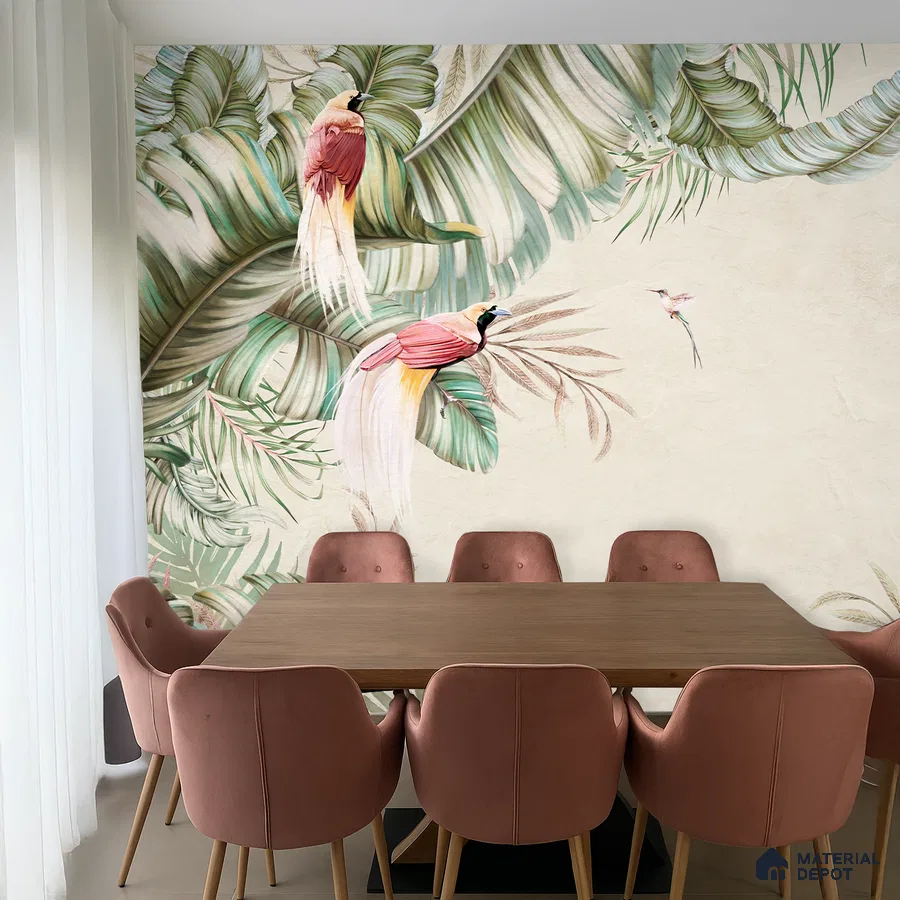 Eclectic dining room with tropical bird wallpaper and blush pink velvet chairs in Bengaluru