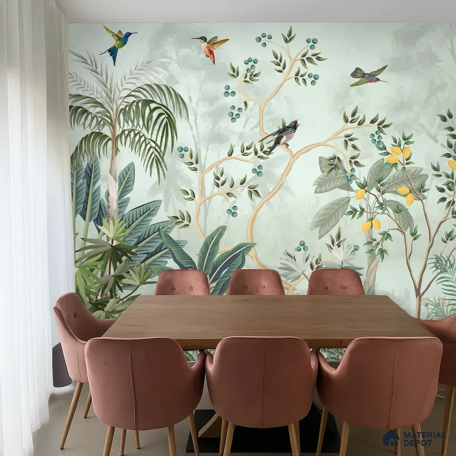 Eclectic dining room with tropical nature wallpaper and blush pink suede chairs in Bengaluru
