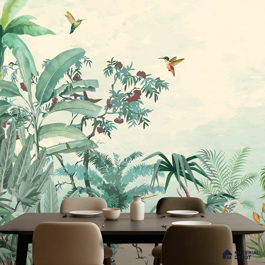 Eclectic dining room with tropical nature wallpaper and modern dining set in Bengaluru