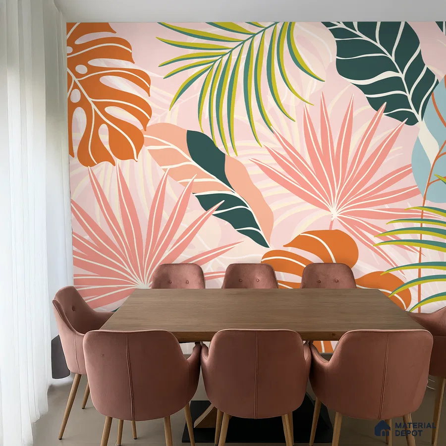 Eclectic dining room with tropical patterned wallpaper and blush pink upholstered chairs in Bengaluru