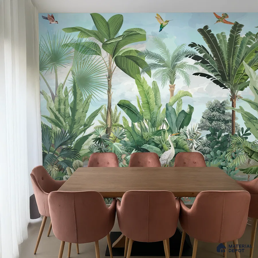 Eclectic dining room with tropical wallpaper and blush pink suede chairs in Bengaluru