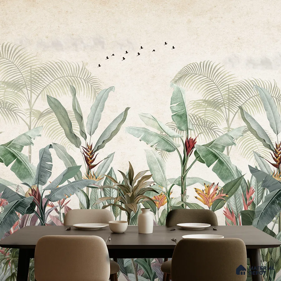 Eclectic dining room with tropical wallpaper and dark wood dining table in Bengaluru