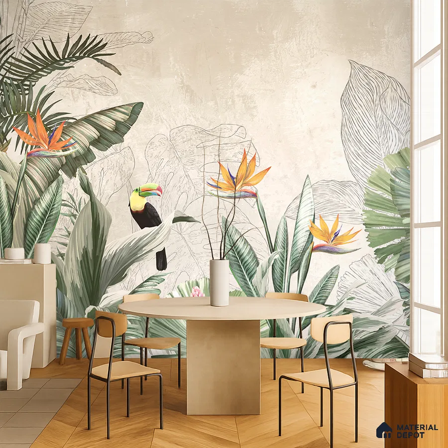Eclectic dining room with tropical wallpaper and light wood chevron flooring in Bengaluru