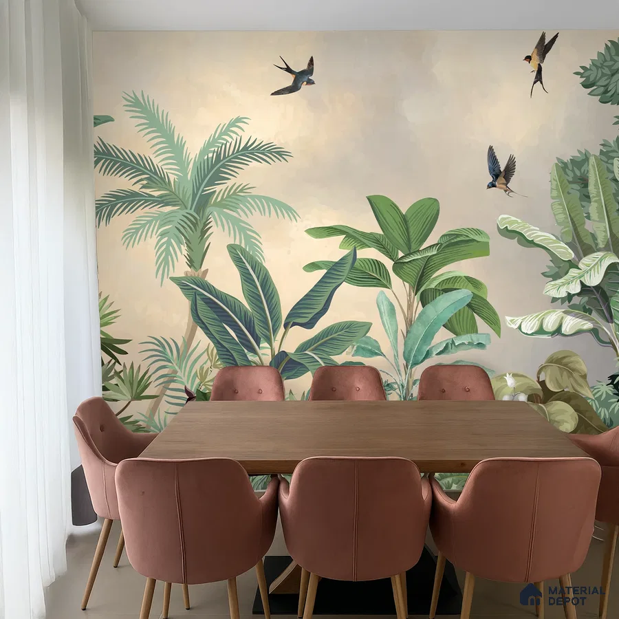 Eclectic dining room with tropical wallpaper and wooden dining table in Bengaluru