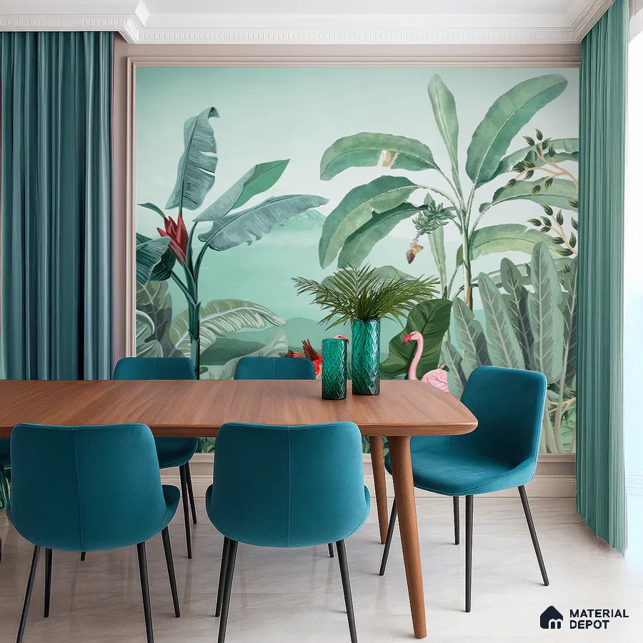 Eclectic dining room with tropical wallpaper, teal upholstery, and walnut dining table in Bengaluru