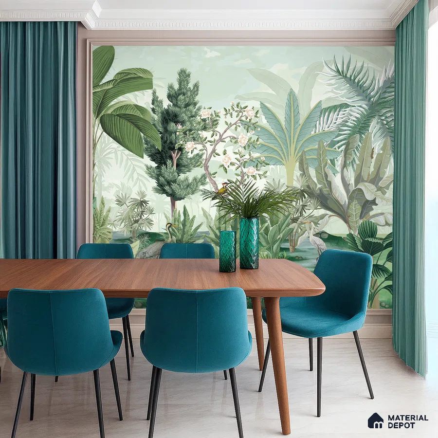 Eclectic dining room with tropical wallpaper, teal upholstery, and walnut wood dining table in Bengaluru