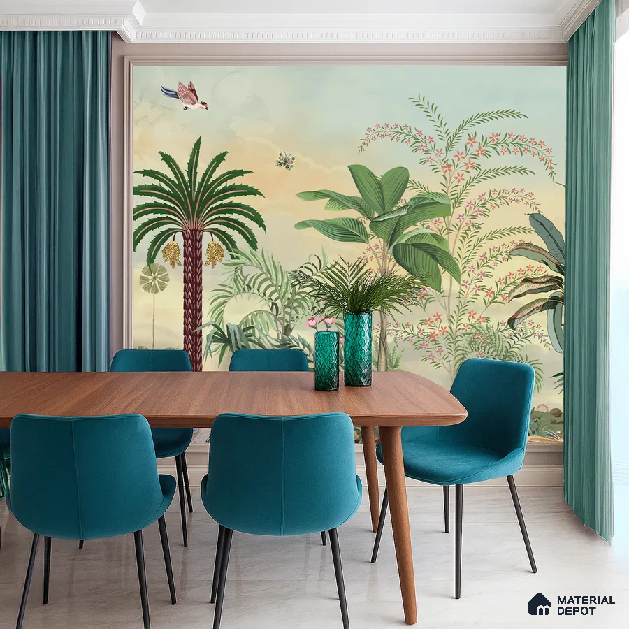 Eclectic dining room with tropical wallpaper, teal upholstery, and wooden dining table in Bengaluru