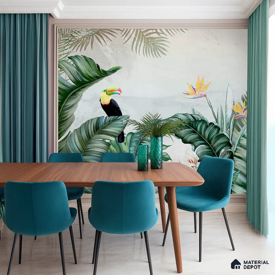 Eclectic dining room with tropical wallpaper, teal upholstery, and wooden dining table in Bengaluru