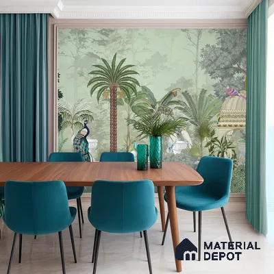 Eclectic dining room with tropical wallpaper, teal upholstery, and wooden dining table in Bengaluru