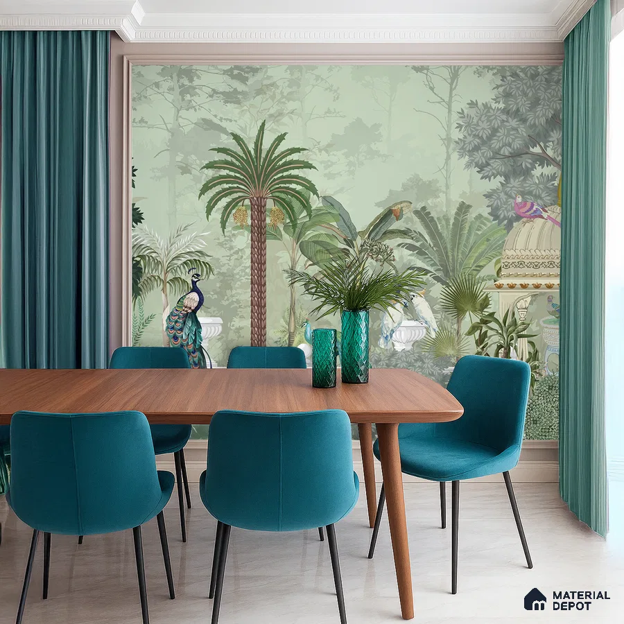 Eclectic dining room with tropical wallpaper, teal upholstery, and wooden dining table in Bengaluru