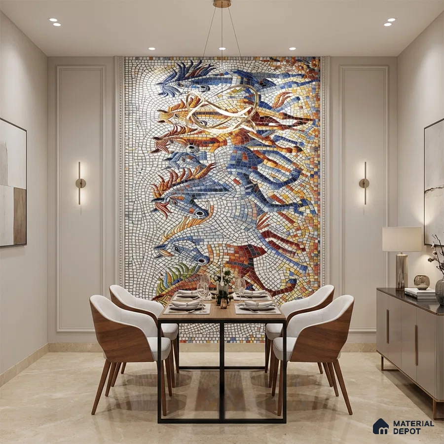 Eclectic dining room with vibrant mosaic poster wall mural tile accent wall and beige marble floor