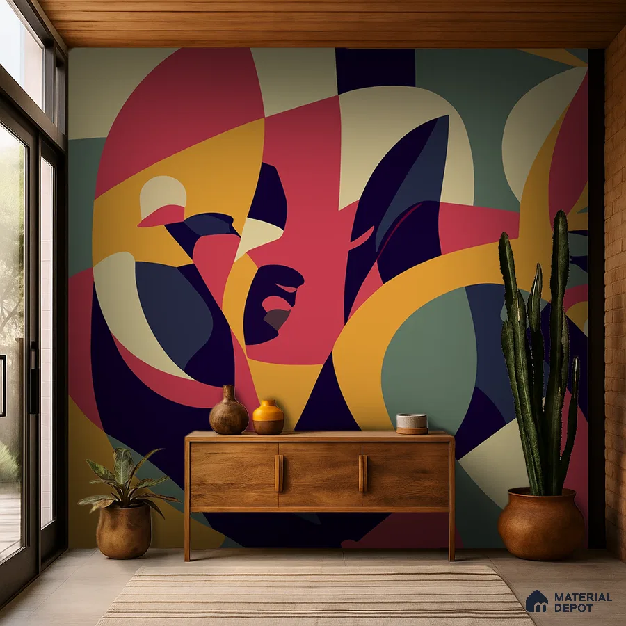 Eclectic foyer with abstract geometric wallpaper and natural wood console in Bengaluru