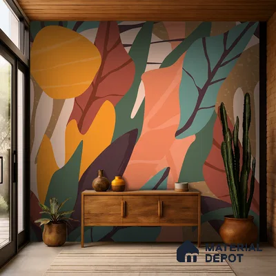 Eclectic foyer with abstract patterned wallpaper and natural wood console in Bengaluru