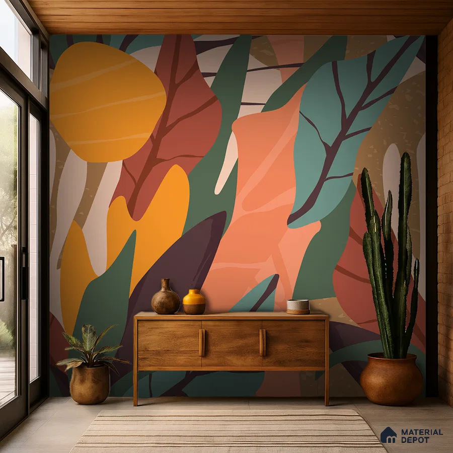 Eclectic foyer with abstract patterned wallpaper and natural wood console in Bengaluru