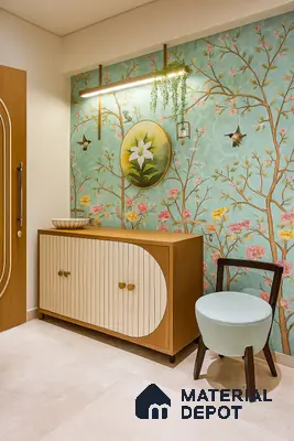 Eclectic foyer with floral chinoiserie wallpaper, wood and ivory laminate console, and beige floor tile in Prestige Kew Gardens Bellandur 3 BHK Bengaluru Apartment