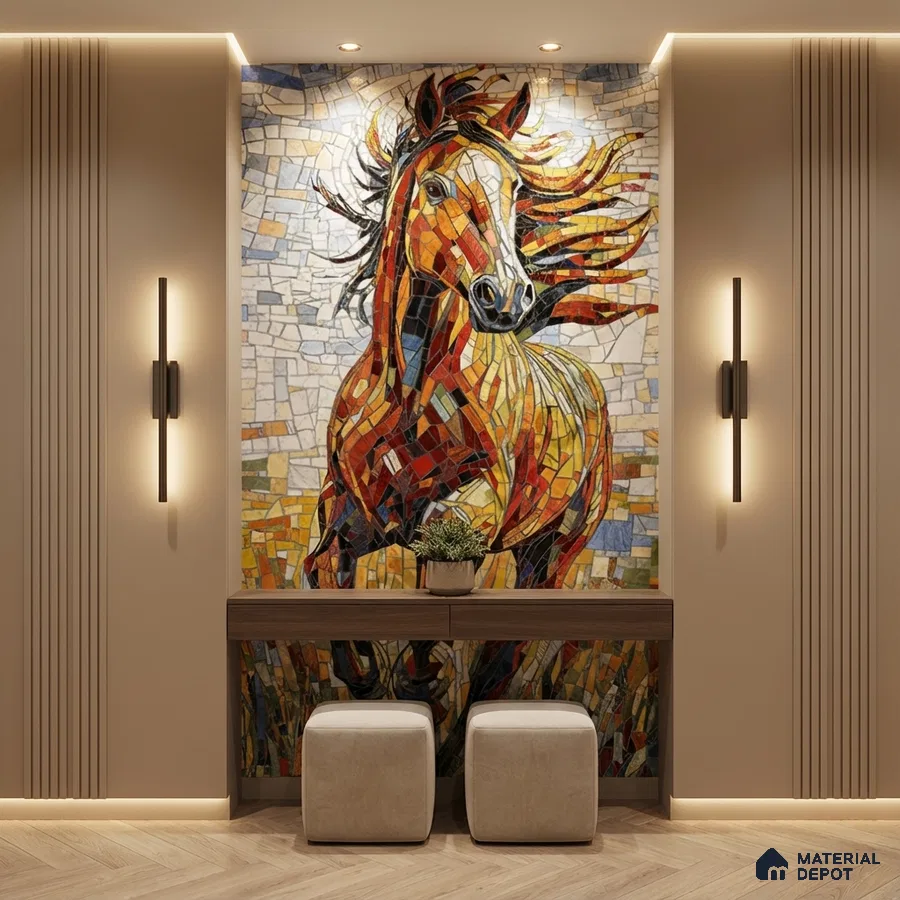 Eclectic foyer with horse mosaic poster wall mural tile accent wall, beige fluted wall panels, and wooden console