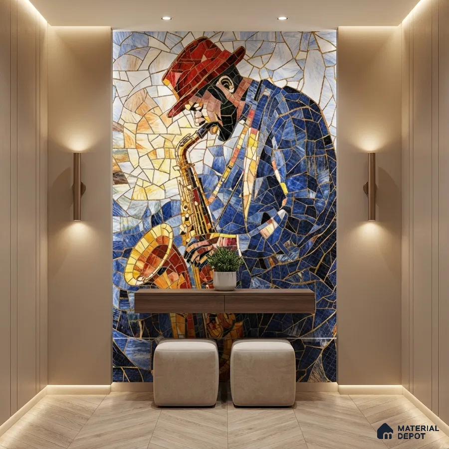 Eclectic foyer with jazz mosaic poster wall mural tile accent wall and light wood chevron flooring