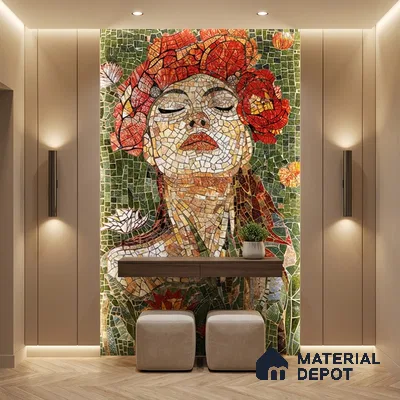Eclectic foyer with mosaic floral art wall, beige wall panels, and wooden console