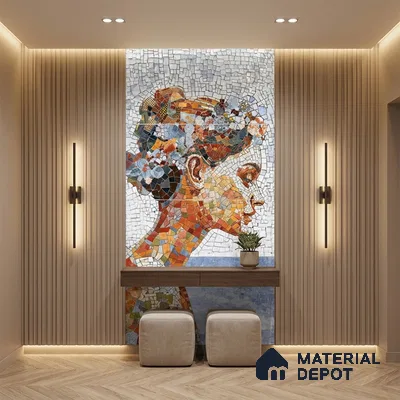 Eclectic foyer with mosaic poster mural tile on wall, beige fluted wall panels, and herringbone wooden flooring