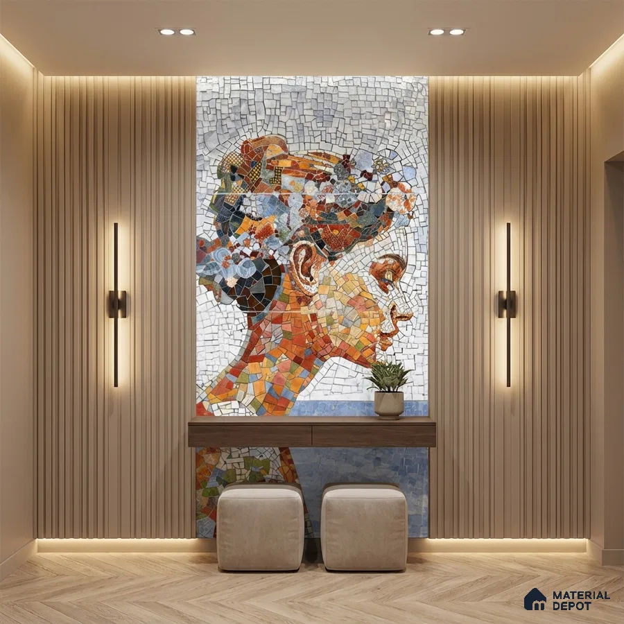 Eclectic foyer with mosaic poster mural tile on wall, beige fluted wall panels, and herringbone wooden flooring