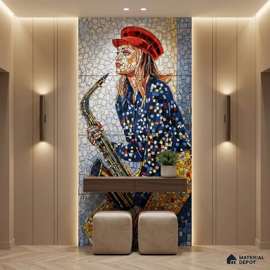 Eclectic foyer with mosaic poster mural tile on wall, beige wall panels, and wooden floating console