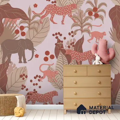Eclectic kids room with animal print wallpaper and light wood dresser in Bengaluru