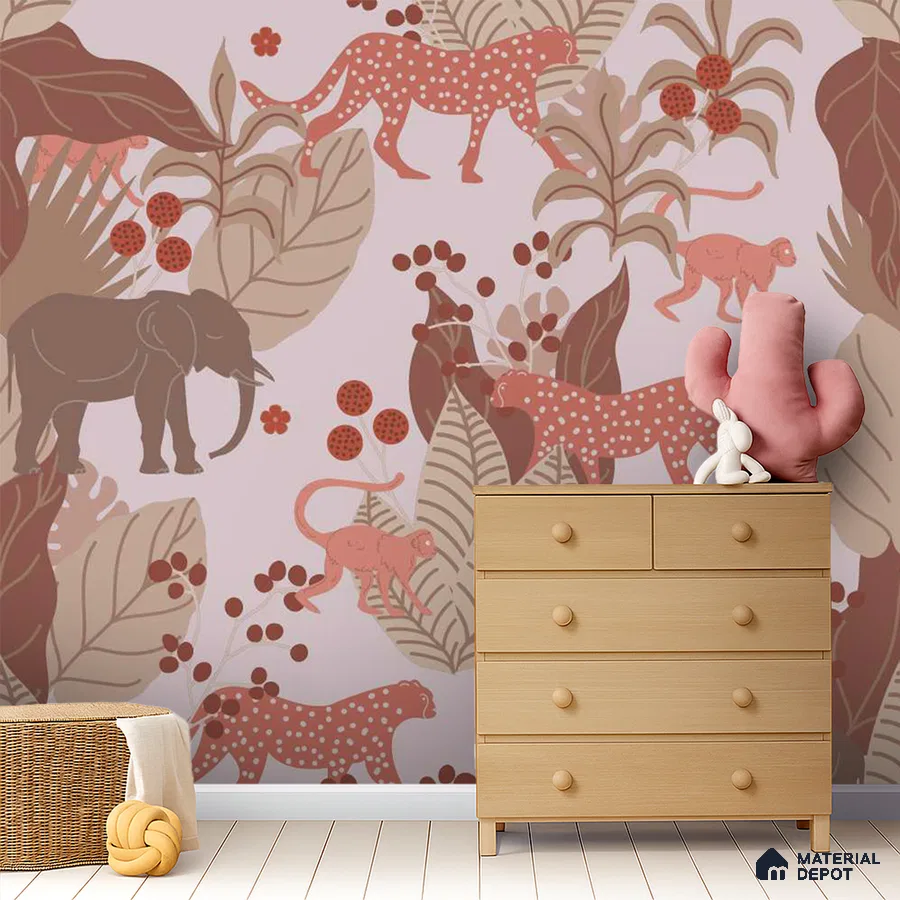 Eclectic kids room with animal print wallpaper and light wood dresser in Bengaluru