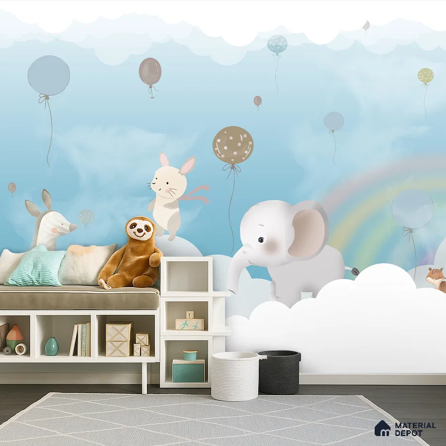 Eclectic kids room with animal print wallpaper, pastel blue clouds, and playful decor in Bengaluru