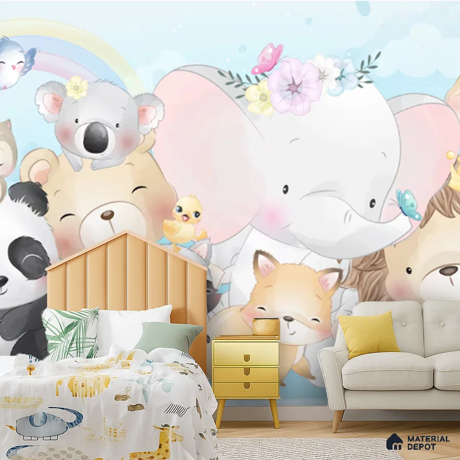 Eclectic kids room with animal print wallpaper, pastel yellow headboard, and playful decor in Bengaluru
