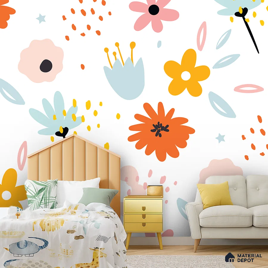 Eclectic kids room with colorful floral wallpaper and pastel wood headboard in Bengaluru