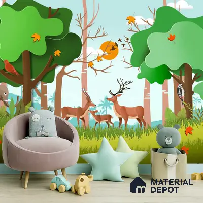 Eclectic kids room with forest animal nature wallpaper and pastel decor in Bengaluru