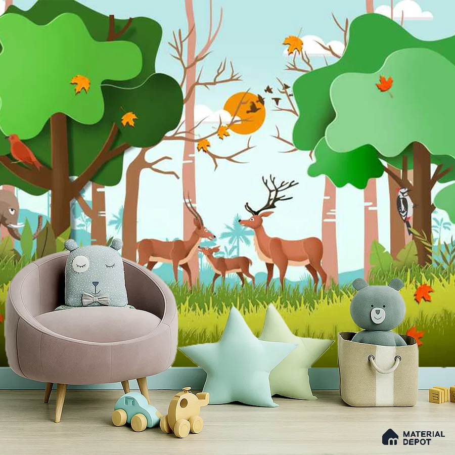 Eclectic kids room with forest animal nature wallpaper and pastel decor in Bengaluru