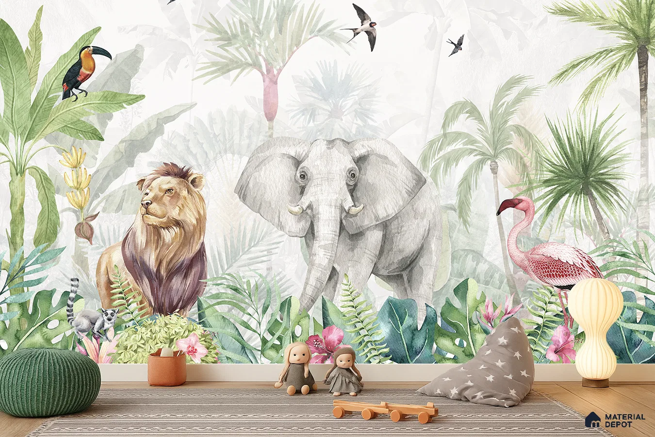 Eclectic kids room with jungle animal print wallpaper and light wood flooring in Bengaluru