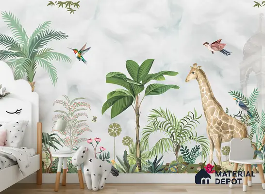 Eclectic kids room with jungle-themed animal and botanical wallpaper and light wood flooring in Bengaluru