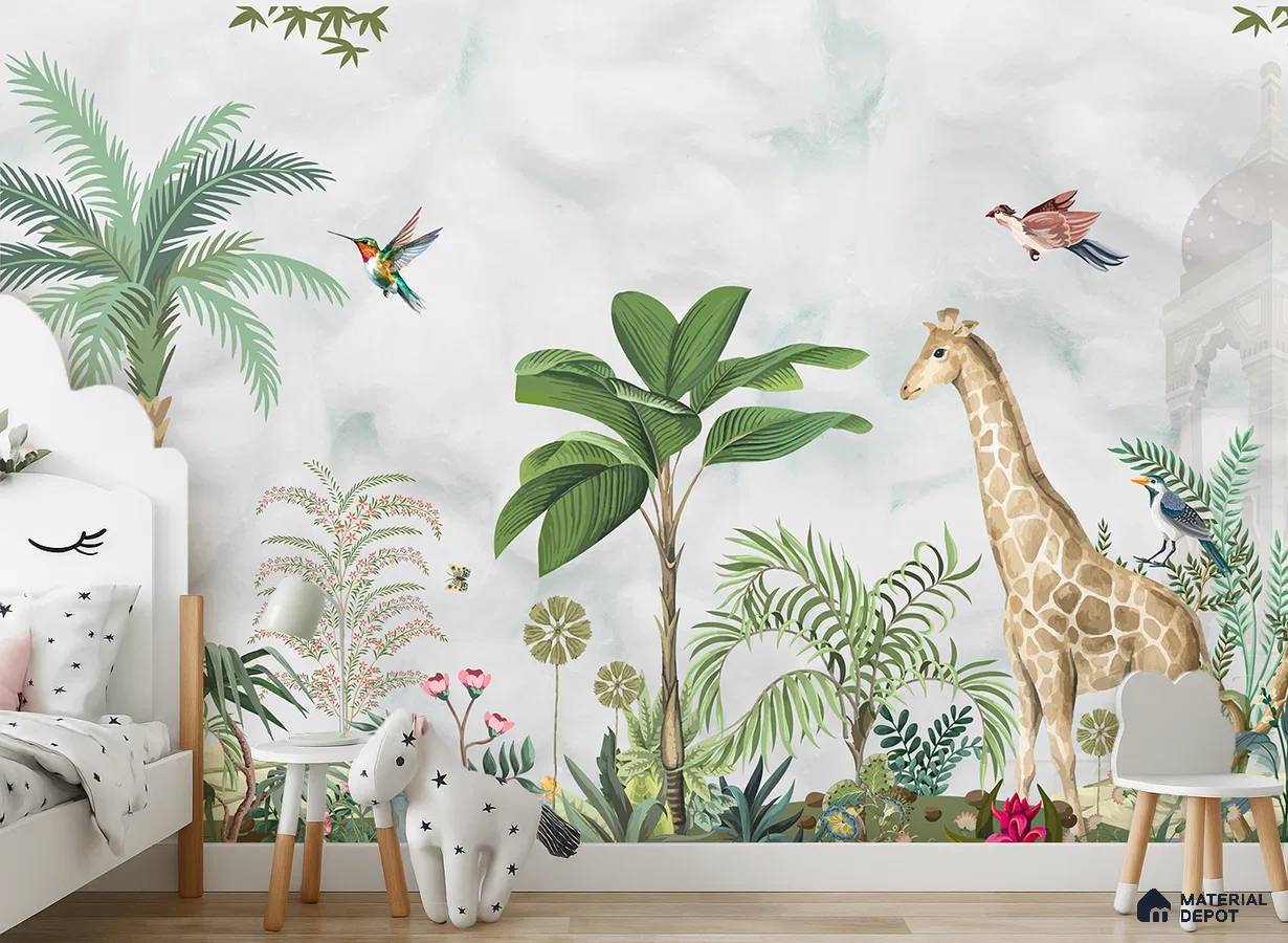 Eclectic kids room with jungle-themed animal and botanical wallpaper and light wood flooring in Bengaluru