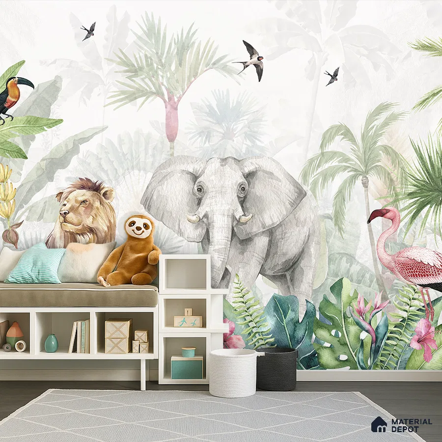 Eclectic kids room with jungle-themed animal wallpaper and white laminate storage in Bengaluru