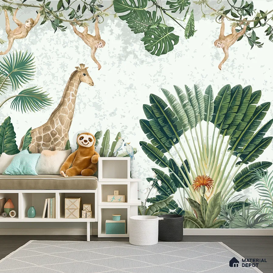 Eclectic kids room with jungle-themed tropical wallpaper and white storage unit in Bengaluru