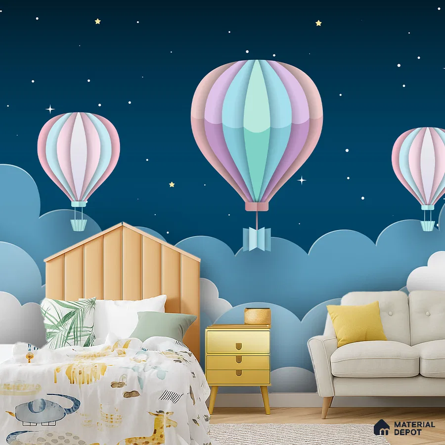 Eclectic kids room with pastel hot air balloon wallpaper and playful animal print bedding in Bengaluru