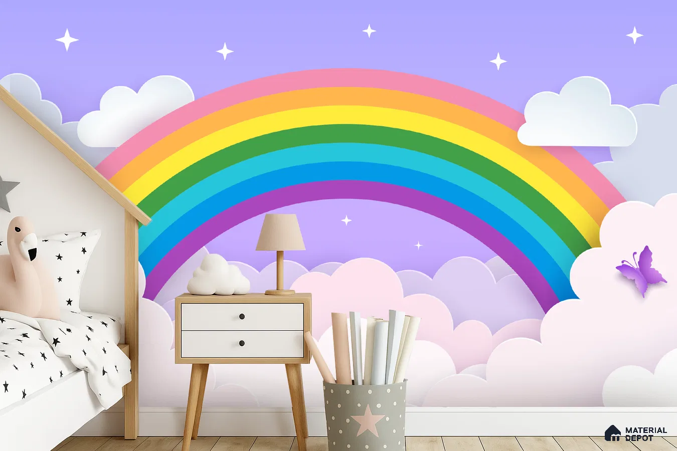 Eclectic kids room with rainbow and cloud patterned wallpaper and light wood flooring in Bengaluru