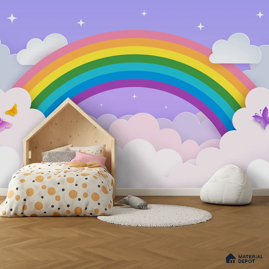 Eclectic kids room with rainbow wallpaper, light wood bed, and herringbone wooden flooring in Bengaluru