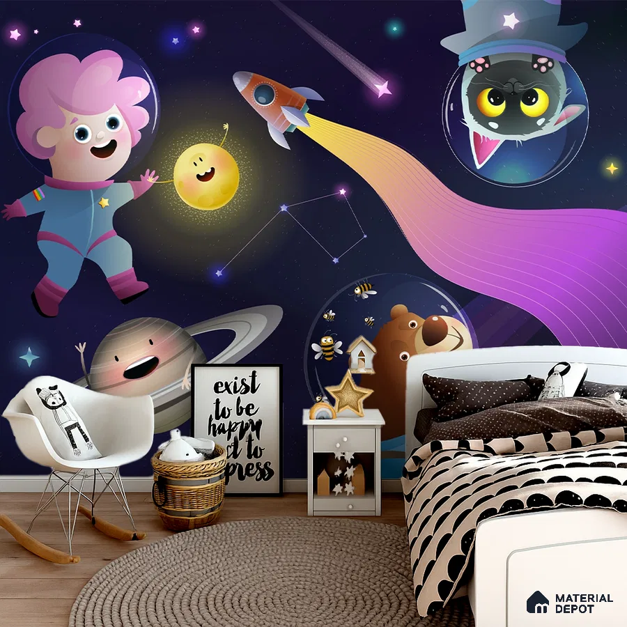 Eclectic kids room with space-themed cartoon wallpaper and light wood flooring in Bengaluru
