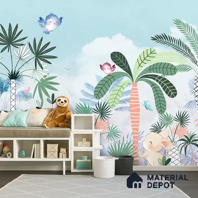 Eclectic kids room with tropical animal print wallpaper and white laminate storage in Bengaluru