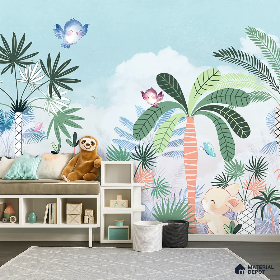Eclectic kids room with tropical animal print wallpaper and white laminate storage in Bengaluru