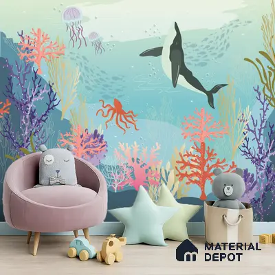Eclectic kids room with underwater themed animal print wallpaper and pastel decor in Bengaluru