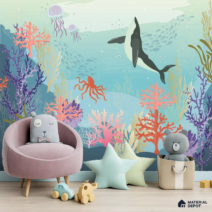 Eclectic kids room with underwater themed animal print wallpaper and pastel decor in Bengaluru