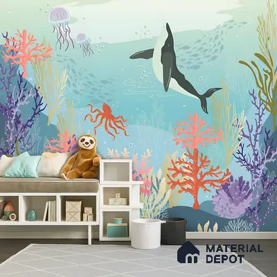 Eclectic kids room with underwater-themed mural wallpaper and white storage bench in Bengaluru