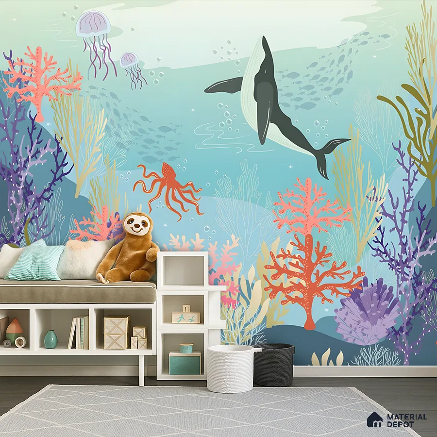 Eclectic kids room with underwater-themed mural wallpaper and white storage bench in Bengaluru