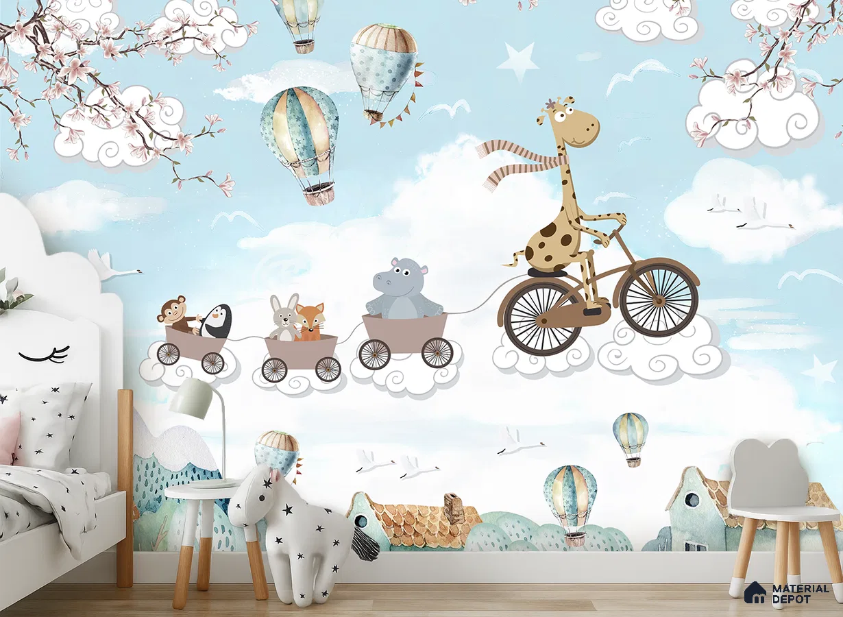 Eclectic kids room with whimsical animal and hot air balloon wallpaper and light wood flooring in Bengaluru